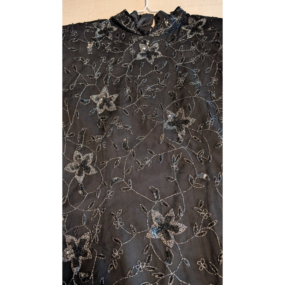 Adrianna Papell  Evening Women's Black Beaded Short Sleeve Top Size XL 100%Silk